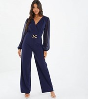 QUIZ Navy Long Puff Sleeve Buckle Belted Wide Leg Wrap Jumpsuit